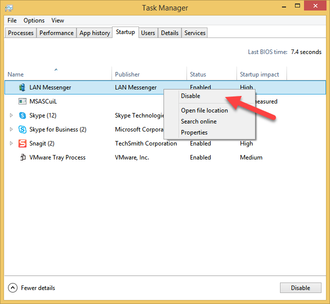 Startup tab of Task Manager