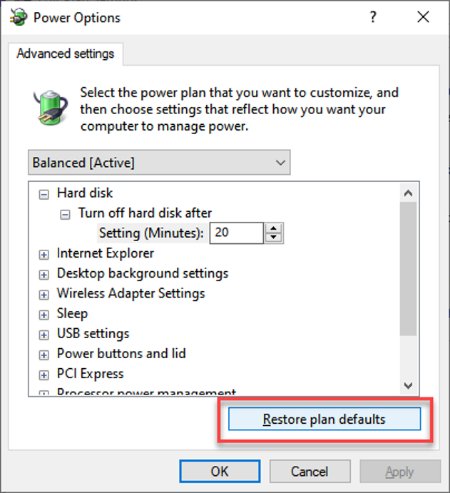 Select Restore Plan Default Option