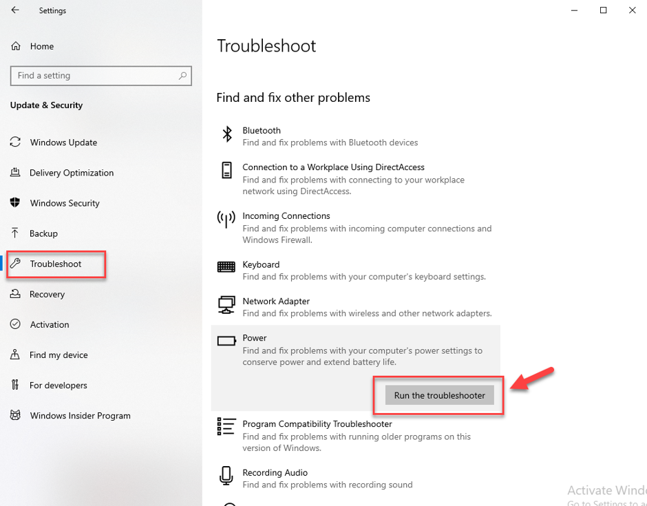 Click on Run the Troubleshooter option