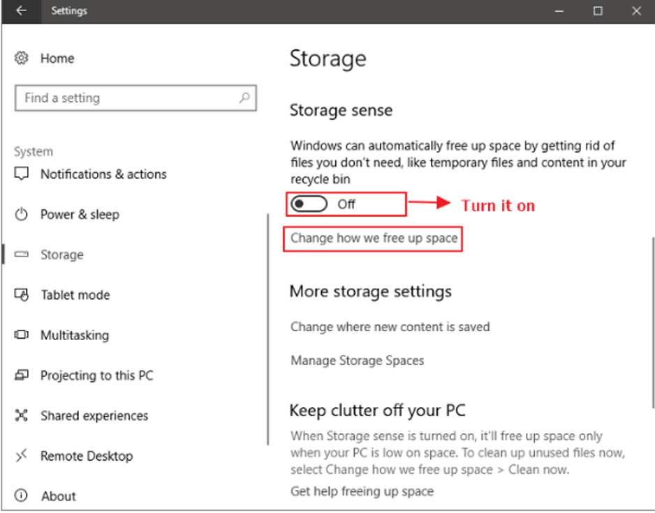 Turn on the Storage Sense