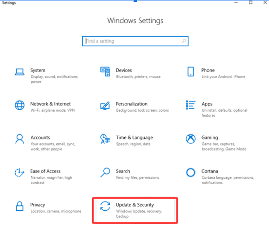 Update and Security Option Windows Setting