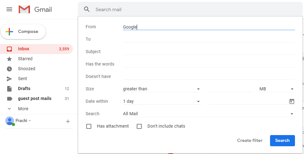 Search For Mail Received From Google