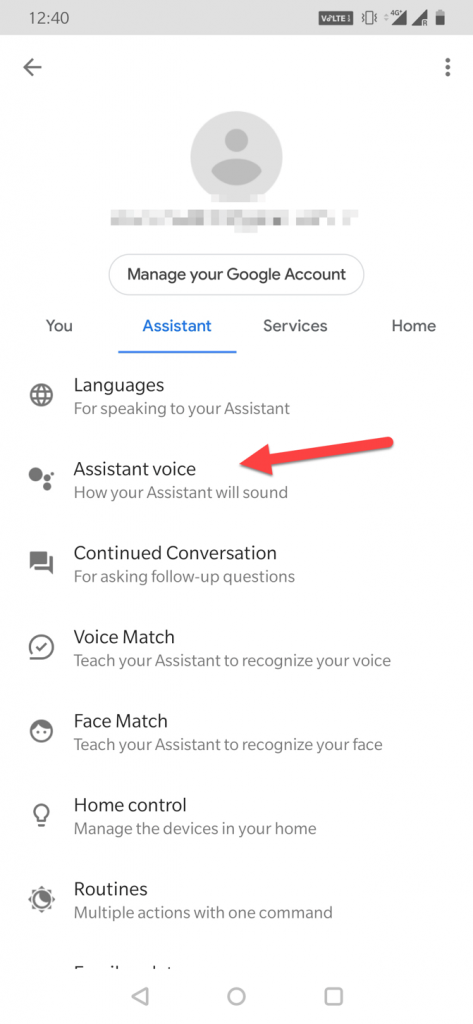 Switch to Assistant tab and Select the Assistant Voice Option