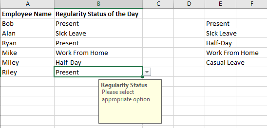 Example of Creating a Drop Down List in Excel