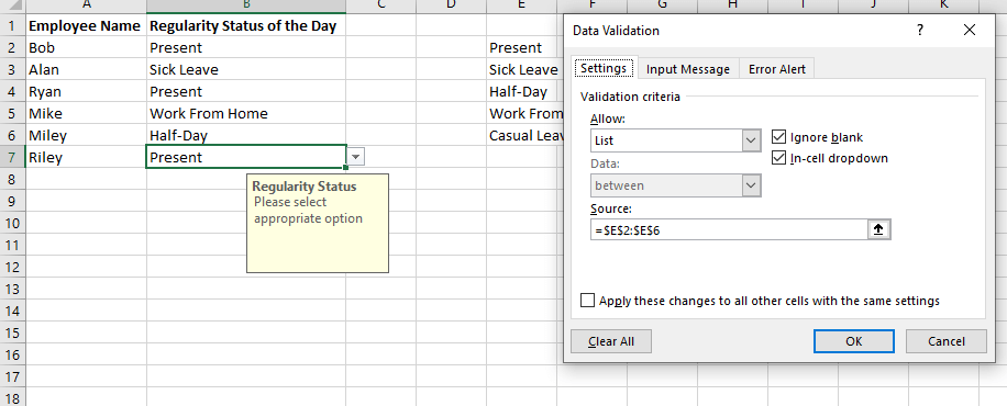 Example of Creating a Drop Down List in Excel