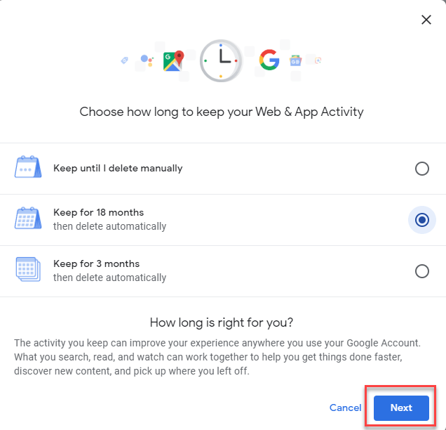 Conserve Your Web & App Activity Data and Click ‘Next’ to Confirm Your Changes