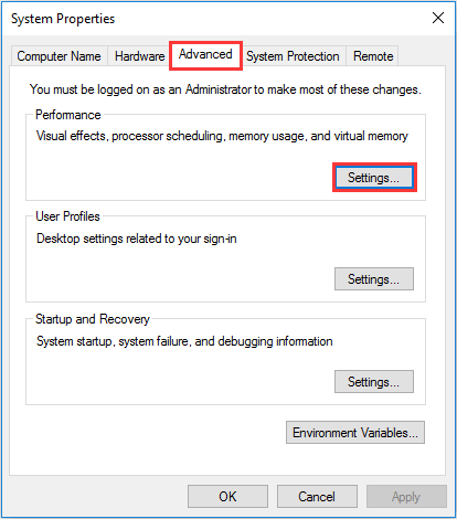 Under the Advanced tab, click the Settings button to Reset Virtual Memory