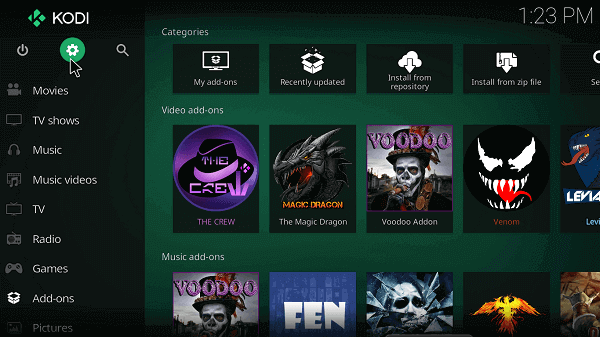 Open Kodi and go to the Settings icon situated at the top