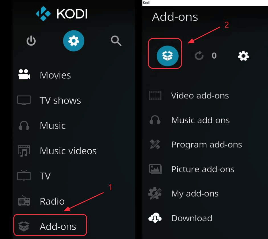 Download the Exodus Kodi Bae Repository on your computer and go to the Add-ons tab of the Kodi platform.