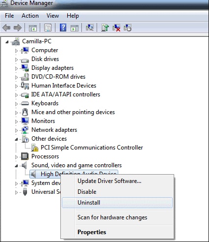 Select option to uninstall specific sound driver