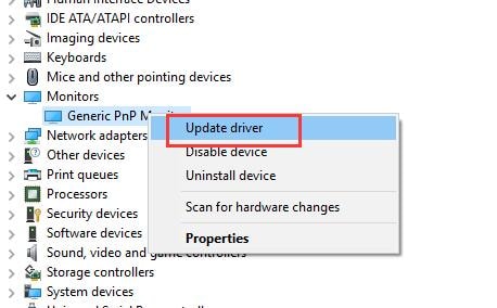 Update generic PnP monitor driver using Device Manager