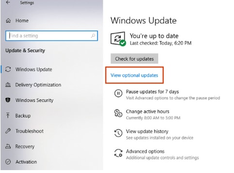 Windows Update option to View optional updates