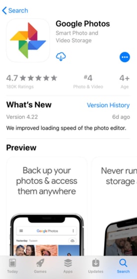 Google Photos App on Apple App Store