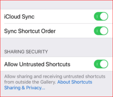 Enable Allow Untrusted Shortcuts