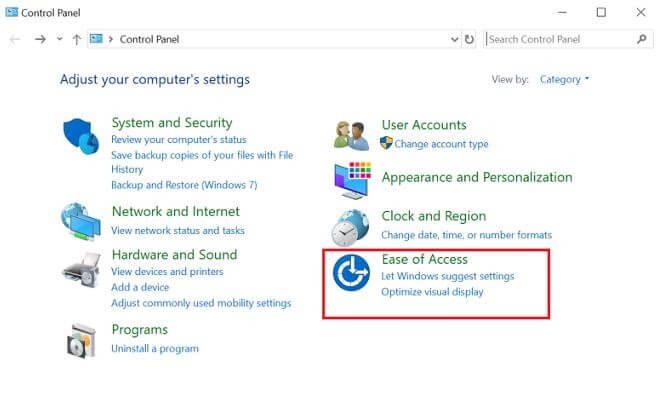 Once Control Panel Opened, Locate Ease of Access