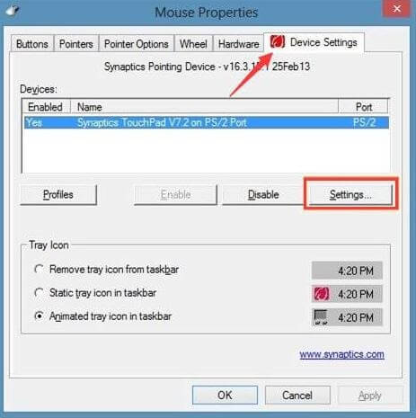 Select Synaptics Touchpad and Click On Settings Option
