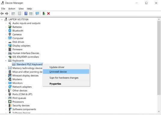 Click Right On Standard PS-2 Keyboard and Choose Uninstall From Drop-Down Menu