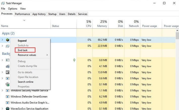 Right Click on Minecraft and Click on End Task