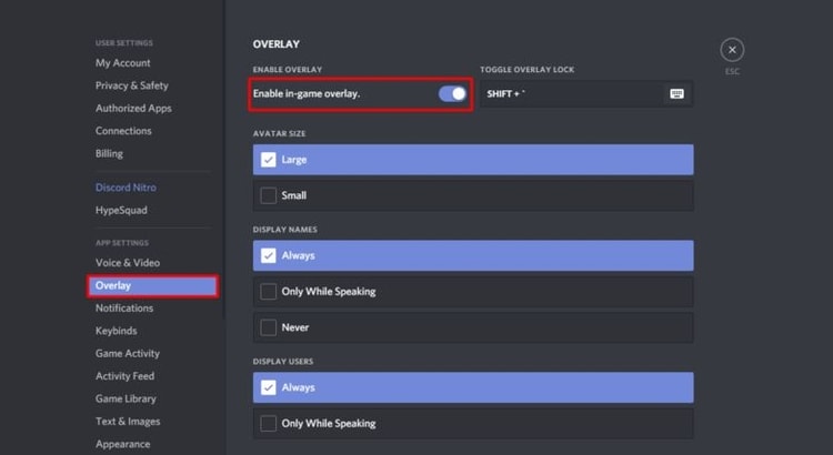 Enable in-game Overlay from Overlay Tab in Discord Setting