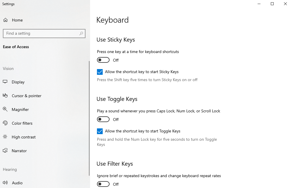 Ensure The Status Of Filter Keys, Toggle Keys and Sticky Keys All Set To Off