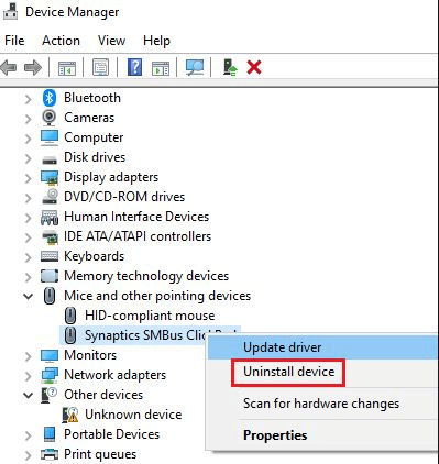 synaptics smbus touchpad not working windows 10