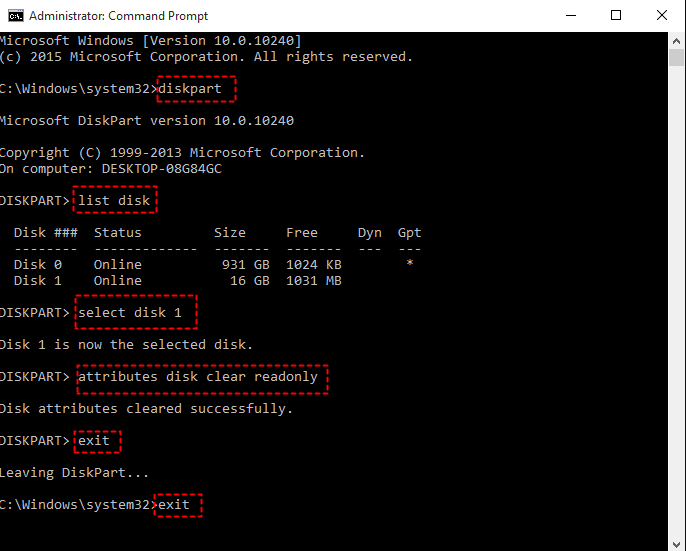 Change Properties Of Disk Type Attributes Disk Clear Readonly and Press Enter