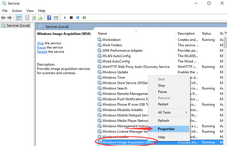 Locate Windows Image Acquisition and Click Right On It