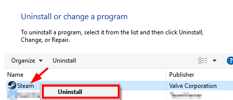 Find Steam and Click Right On It To Choose Uninstall