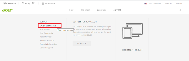driver and manuals from acer support