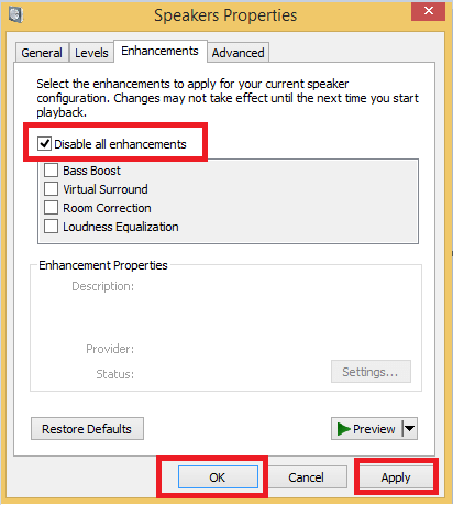 Disable All Enhancements from Speaker Properties