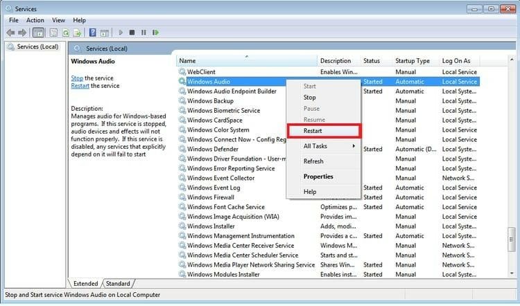 Restart Windows Audio Service