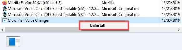select the Uninstall from the menu list