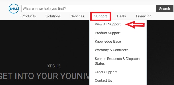 Choose Support Menu from Dell Official Website