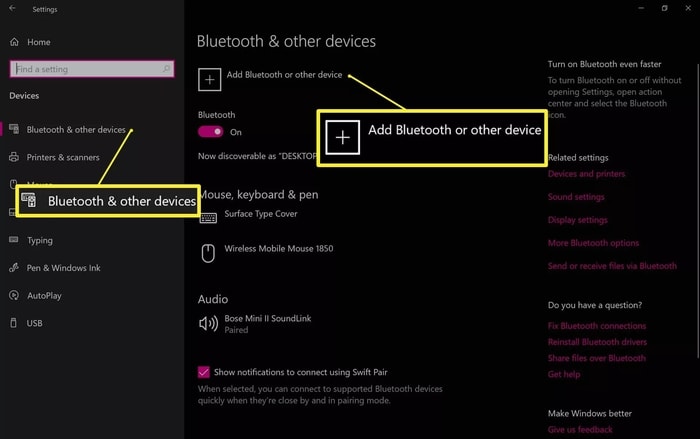 open the Bluetooth section and then click on the ‘Add Bluetooth or other devices