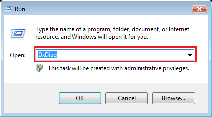 Type dxdiag in run utility