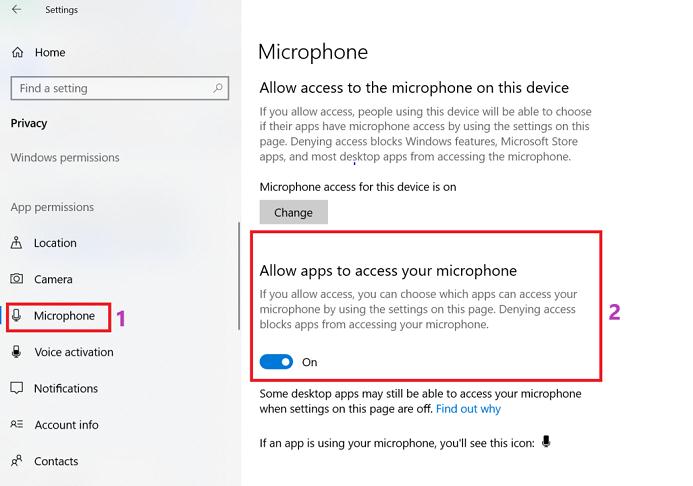 Allow apps to access your microphone option