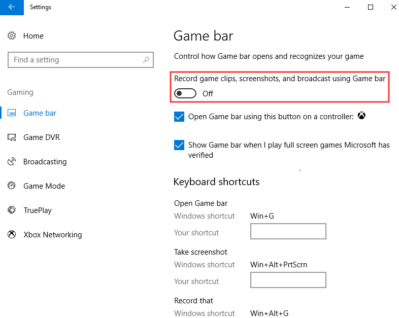 switch off record game clips, screenshots, and broadcasts using game bar