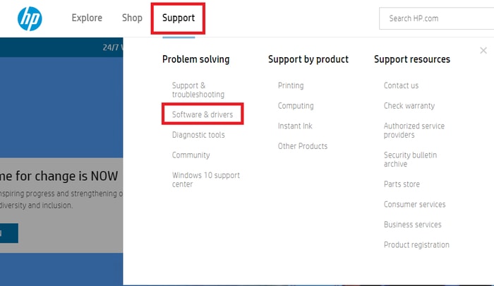 Software and driver from support menu of HP site