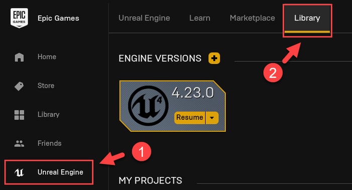 Click on the Unreal Engine in Library Menu