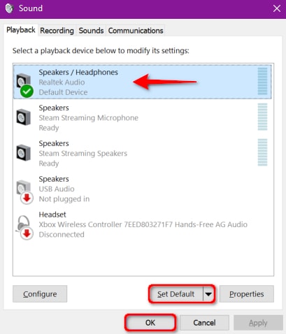 Select Headphones as Default Device for Playback