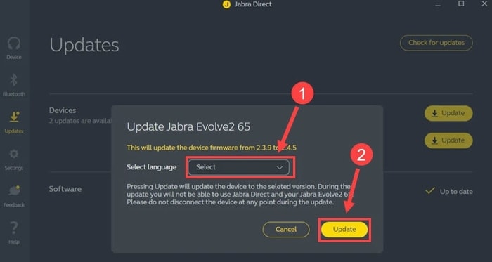 Select Language for Update Jabra Direct