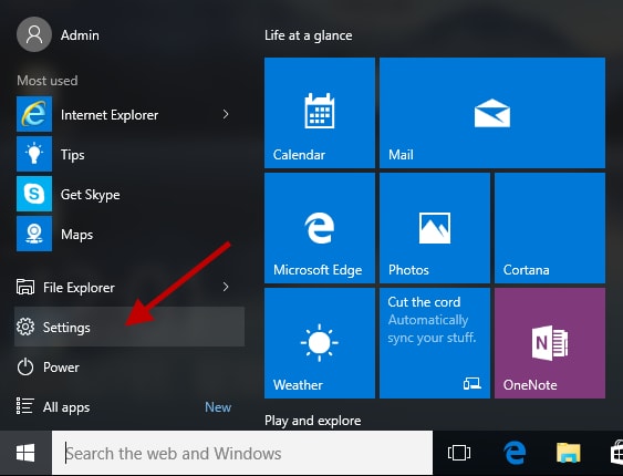Click on Setting in Start Window Button