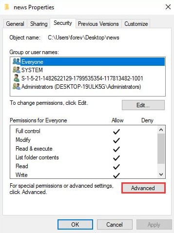 Click on Advanced for Special Permission or Advanced Settings