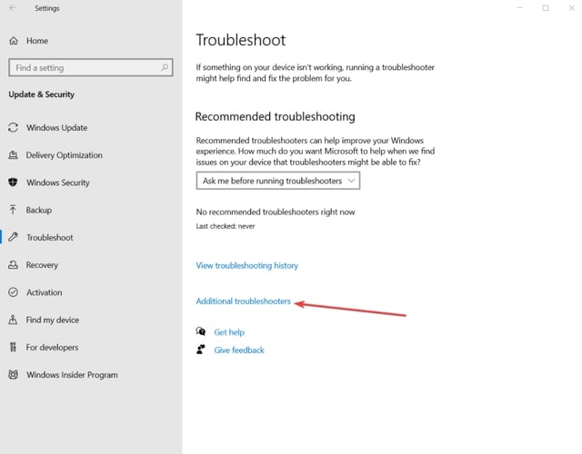 Choose Additional Troubleshooters in Windows Setting