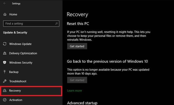 Click Recovery in Windows Setting