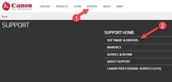 Select Software & Drivers from Support Tab of Cannon Official Site
