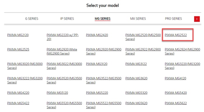 Select PIXMA MG2522 Printer Model From MG Series