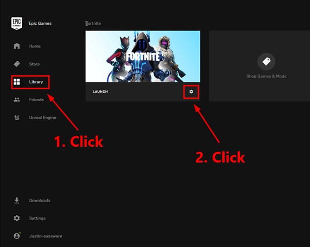 Click Library and Choose Gear Icon in Epic Games Launcher