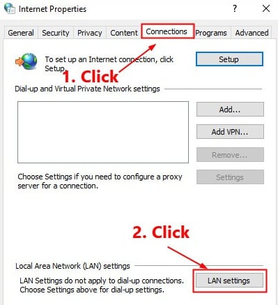 Click LAN Settings in Connection Tab