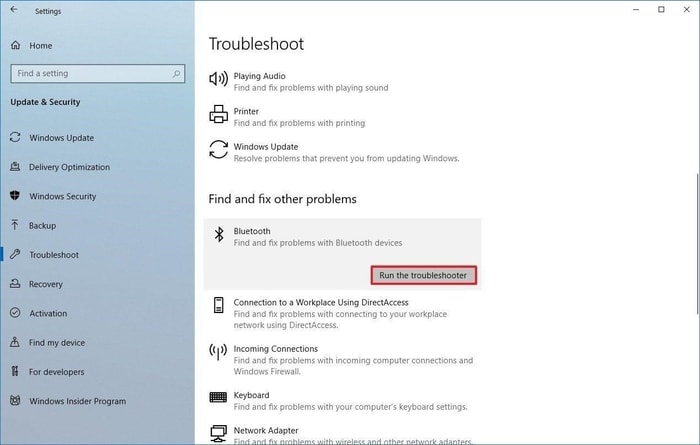 Run The Troubleshooter for Bluetooth Problem